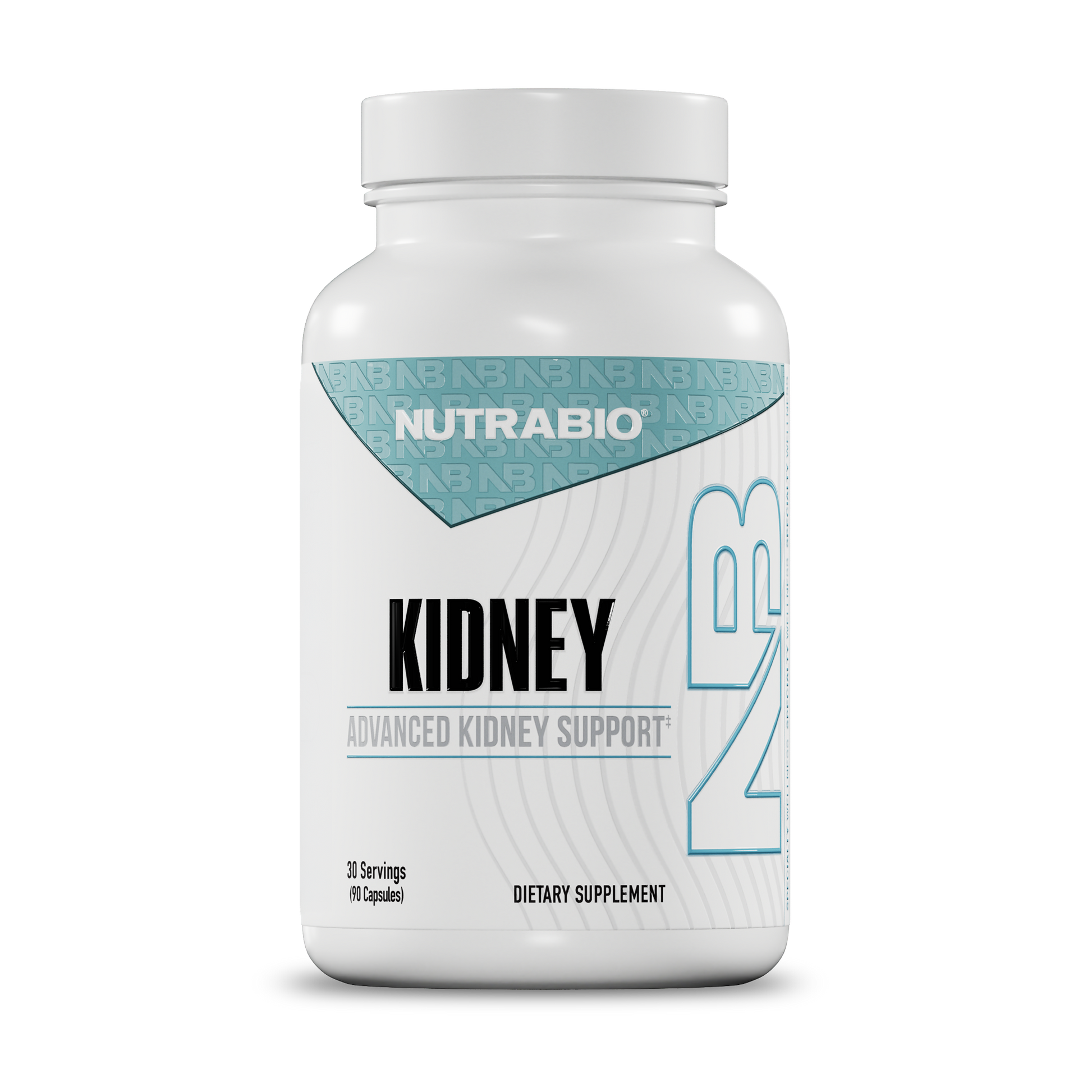 A white plastic bottle of Nutrabio Kidney Advanced Kidney Support dietary supplement, featuring a white cap and a label with light blue and black text.