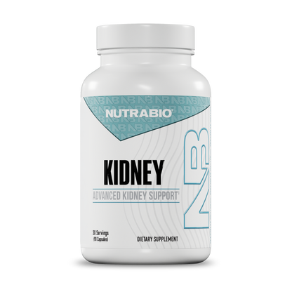 A white plastic bottle of Nutrabio Kidney Advanced Kidney Support dietary supplement, featuring a white cap and a label with light blue and black text.