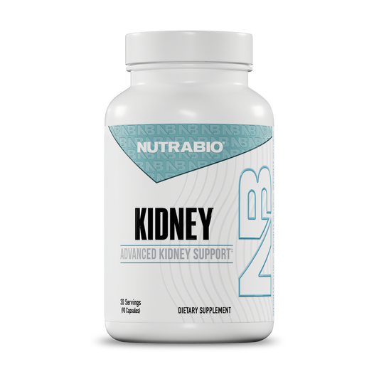 A white plastic bottle of Nutrabio Kidney Advanced Kidney Support dietary supplement, featuring a white cap and a label with light blue and black text.