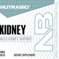 NutraBio Kidney Advanced Kidney Support dietary supplement bottle label showing product details, serving recommendations, and a supplement facts panel on a white background.