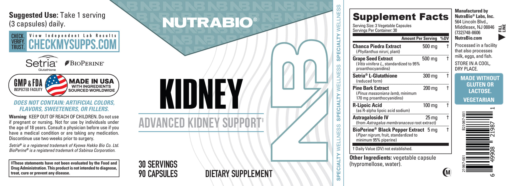 NutraBio Kidney Advanced Kidney Support dietary supplement bottle label showing product details, serving recommendations, and a supplement facts panel on a white background.