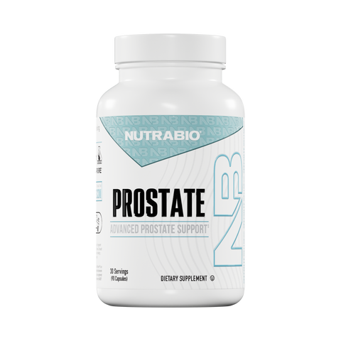 A white bottle of NutraBio Prostate, a prostate health supplement with 90 capsules (30 servings), designed to promote urinary flow and support overall prostate health.