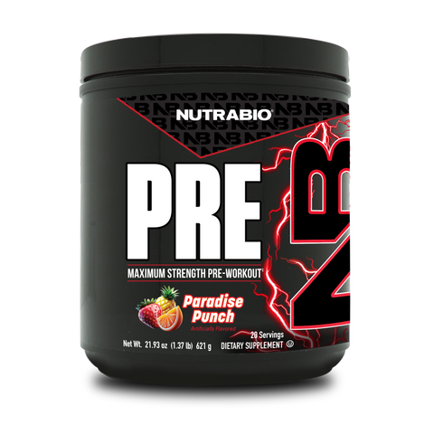 A black tub of NutraBio's PRE pre-workout supplement, in the flavor Paradise Punch.