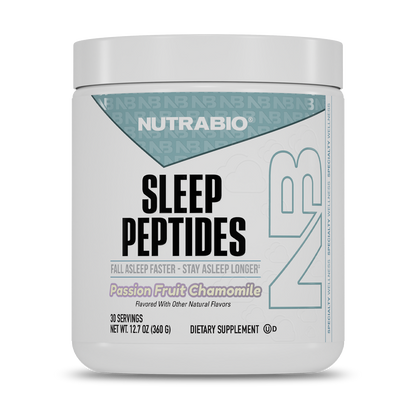 A 12.7 oz (360 g) white NutraBio Sleep Peptides container, a natural passion fruit chamomile sleep aid for deep sleep support, offering 30 servings to help promote faster sleep and longer rest.