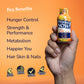 Protein Now Orange Mango protein shot held in hand against a pink background, highlighting key benefits including hunger control, strength and performance, metabolism, hair, skin and nails, active lifestyle, made in the USA, GMP certified, and 3rd party tested.