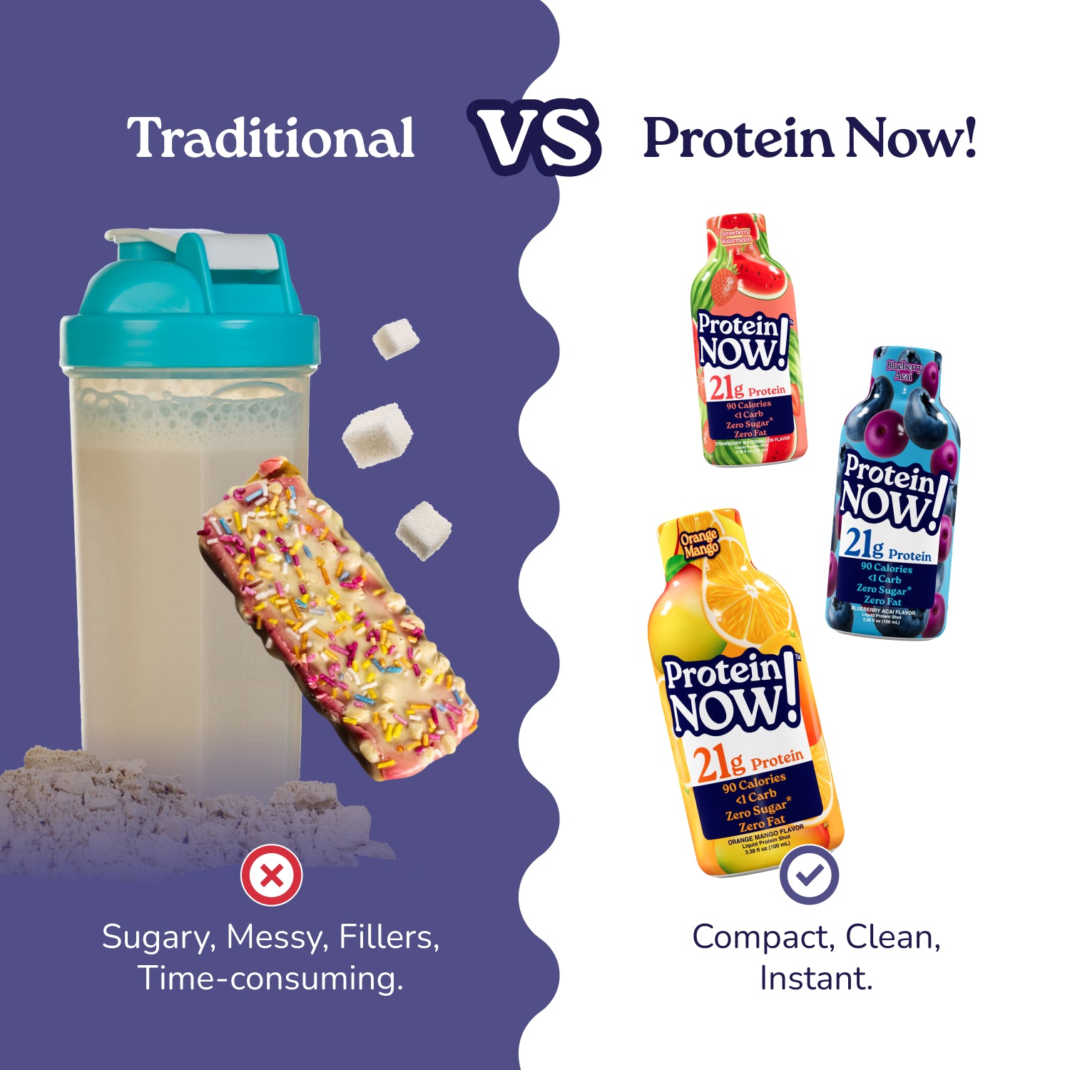 An image that shows Protein Shake and Protein Bar that is full of sugar, messy, fillers, time consuming vs Protein Now which is compact clean and instant. 