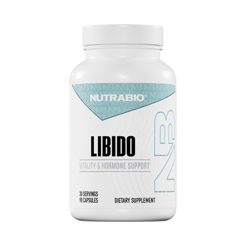 A white tub of NutraBio's Libido supplement for vitality and hormone support.
