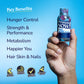 Protein Now Blueberry Acai protein shot held in hand against a pink background, highlighting key benefits including hunger control, strength and performance, metabolism, hair, skin and nails, active lifestyle, made in the USA, GMP certified, and 3rd party tested.