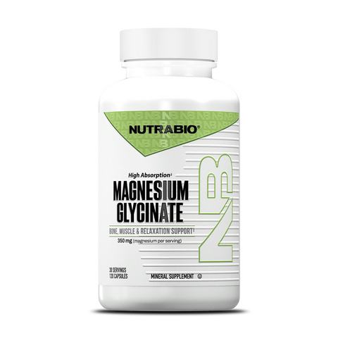 A white NutraBio Magnesium Glycinate bottle with a green and black label offers highly absorbable magnesium for bone health and muscle relaxation, featuring 120 capsules on the front.
