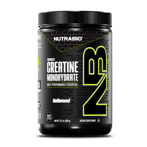 A black container of NutraBio Creatine Monohydrate Powder featuring bold "NB" lettering, labeled as unflavored, micronized creatine with 60 servings and marked as a dietary supplement on the front.
