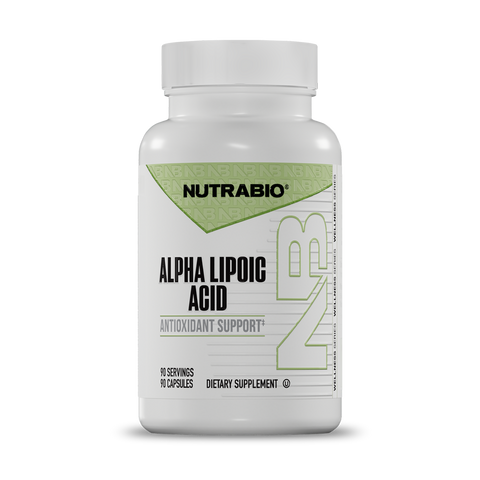 Supplement bottle labeled 'Alpha Lipoic Acid' by Nutrabio on a white background