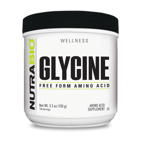 A white tub of NutraBio's Glycine supplement.