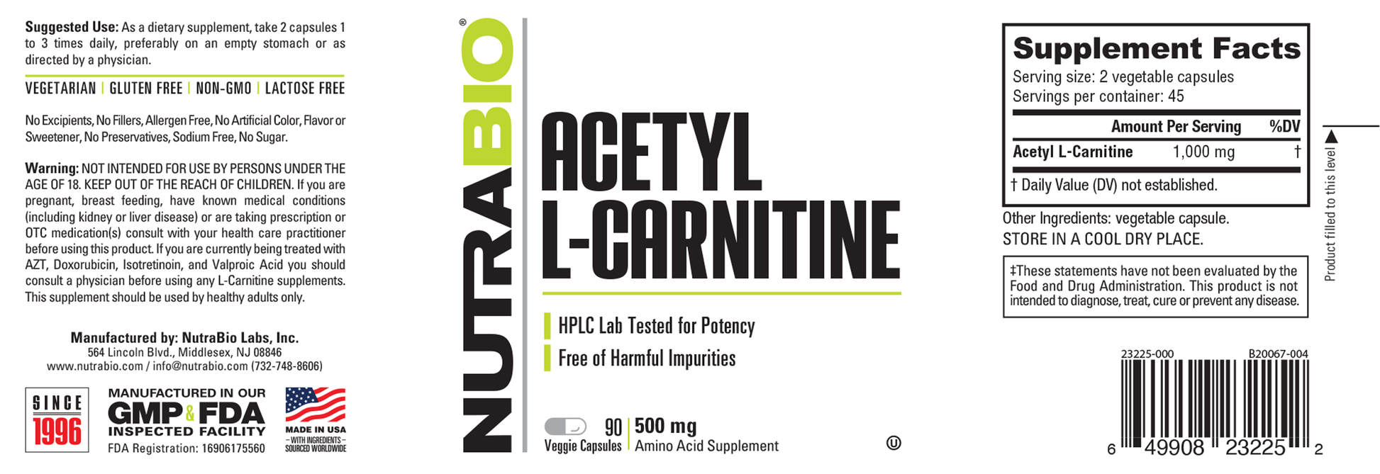 NutraBio Acetyl L-Carnitine 500mg 90 Capsules NutraBio Acetyl L-Carnitine 500mg 90 Capsules
