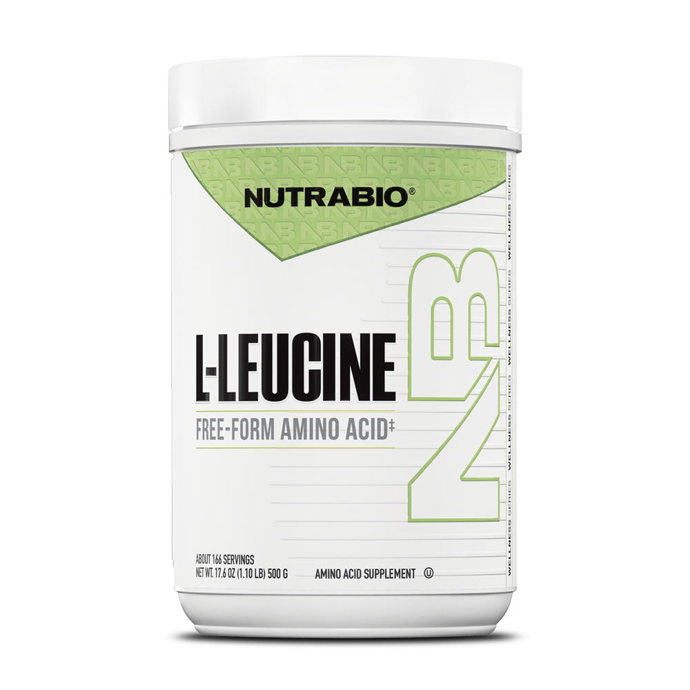 A white plastic tub of L-Leucine powder for muscle protein synthesis.