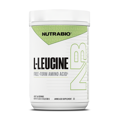 A white plastic tub of L-Leucine powder for muscle protein synthesis.