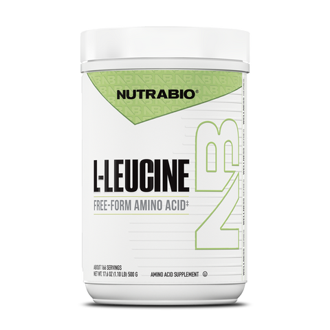 A white plastic tub of L-Leucine powder for muscle protein synthesis.