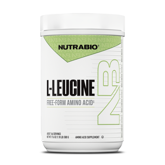 A white plastic tub of L-Leucine powder for muscle protein synthesis.