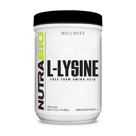 A white tub of NutraBio's L-Lysine supplement on a white background.