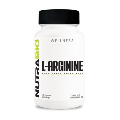 A white tub of NutraBio's L-Arginine supplement.