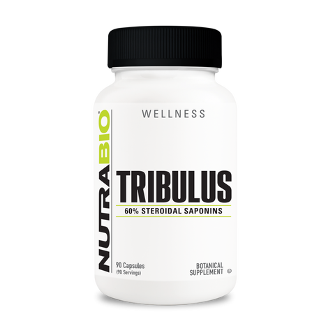 A white tub of NutraBio's Tribulus supplement on a white background.