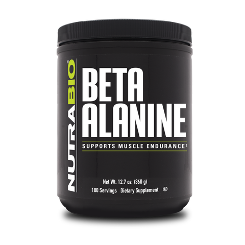 A black tub of NutraBio's Beta Alanine supplement on a white background.