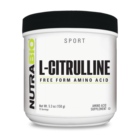 A white tub of NutraBio's L-Citrulline supplement on a white background.