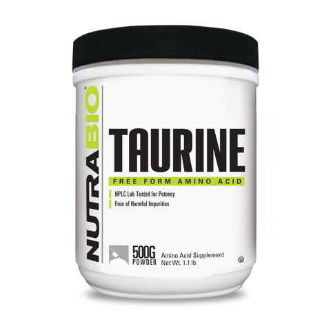 A white tub of NutraBio's Taurine supplement on a white background.