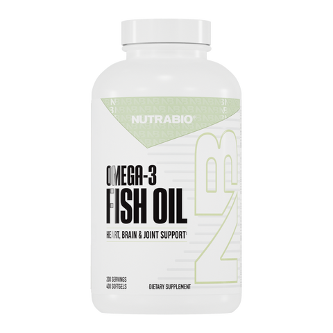 A white bottle of NutraBio Omega 3 Fish Oil contains 400 softgels (200 servings) and is rich in EPA and DHA for heart health. The label has a large NB design with green and black text.