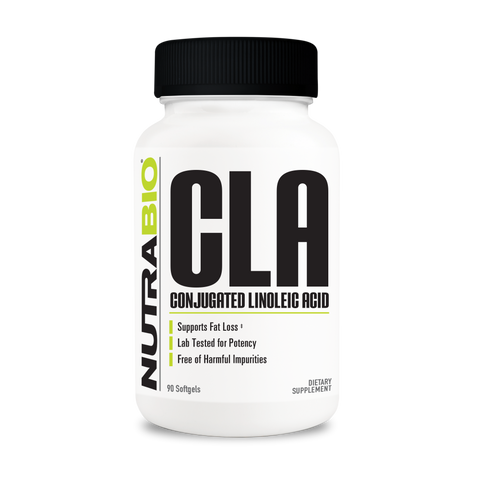A white tub of NutraBio's CLA supplement.