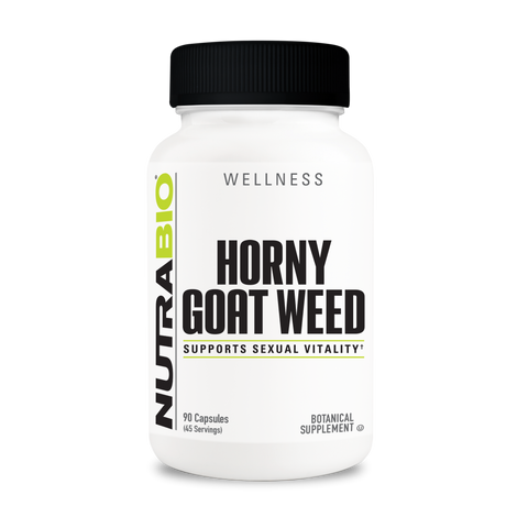 A white tub of NutraBio's Horny Goat Weed supplement.