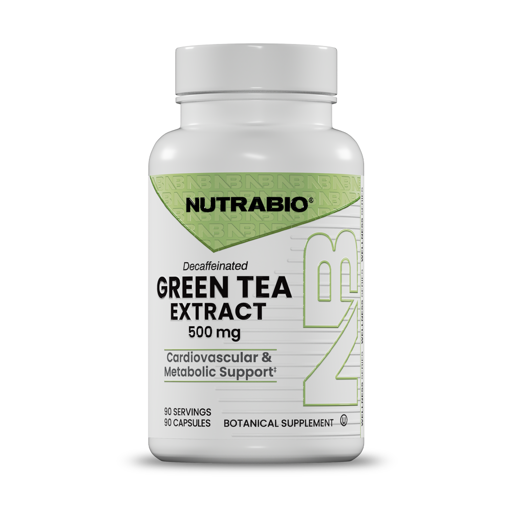 A white bottle of Nutrabio Decaffeinated Green Tea Extract 500 mg capsules, shown on a clean white background with a soft shadow.