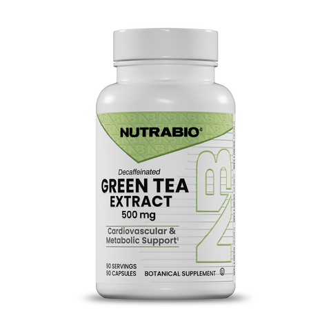 A white bottle of Nutrabio Decaffeinated Green Tea Extract 500 mg capsules, shown on a clean white background with a soft shadow.