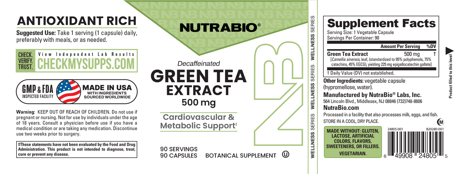 Front and back supplement labels for Nutrabrio Decafatted Green Tea Extract 500 mg capsules, showing product details, supplement facts, and barcode on a white background.