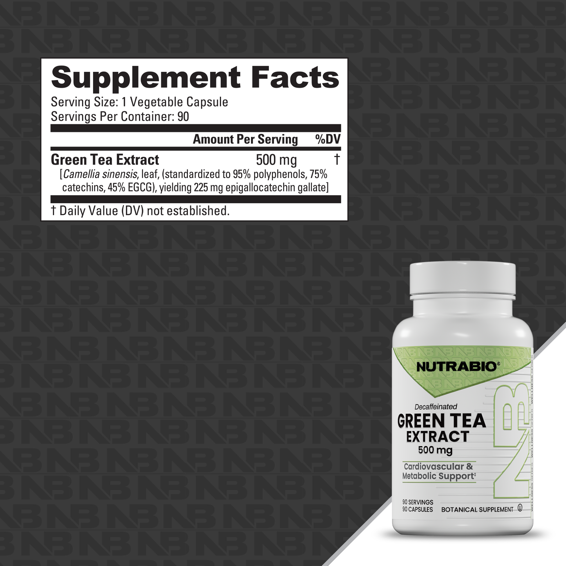 A white bottle of Nutrabio Decaffeinated Green Tea Extract 500 mg dietary supplement shown next to its Supplement Facts label on a dark gray patterned background.
