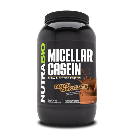 A black tub of NutraBio's Micellar Casein supplement.