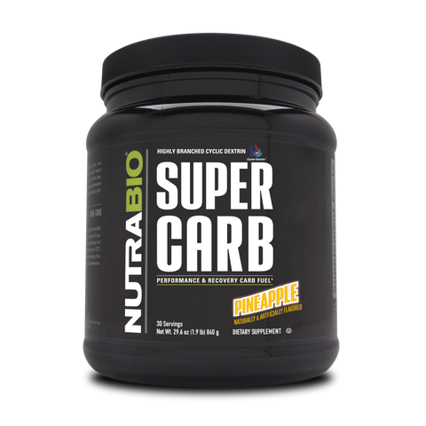 A black tub of NutraBio's Super Carb supplement on a white background.