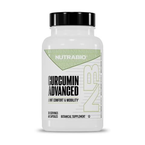 A white bottle of NutraBio Curcumin Advanced with a black cap, labeled for Joint Comfort & Mobility, enhanced absorption, and containing 60 capsules (30 servings) as a botanical dietary supplement.