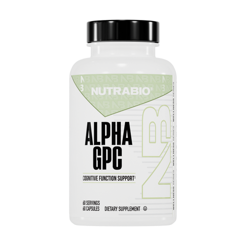 A white bottle labeled NutraBio Alpha GPC with 60 capsules, featuring green and black accents, supports cognitive performance and brain health.
