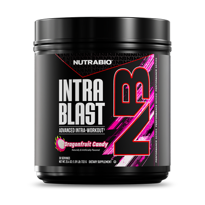 A black NutraBio Intra Blast container, an advanced intra-workout supplement with BCAA and EAA for muscle recovery, in Dragonfruit Candy flavor, features pink and white accents and bold NB lettering on the label.