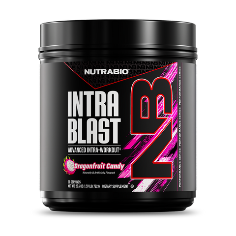 A black NutraBio Intra Blast container, an advanced intra-workout supplement with BCAA and EAA for muscle recovery, in Dragonfruit Candy flavor, features pink and white accents and bold NB lettering on the label.