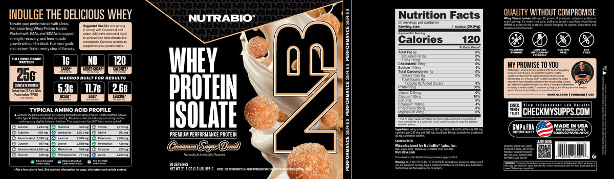 Tub of Whey Protein Isolate Powder in cinnamon sugar donut flavor, showing nutritional facts, a full amino acid profile, and ingredient information to support muscle growth.