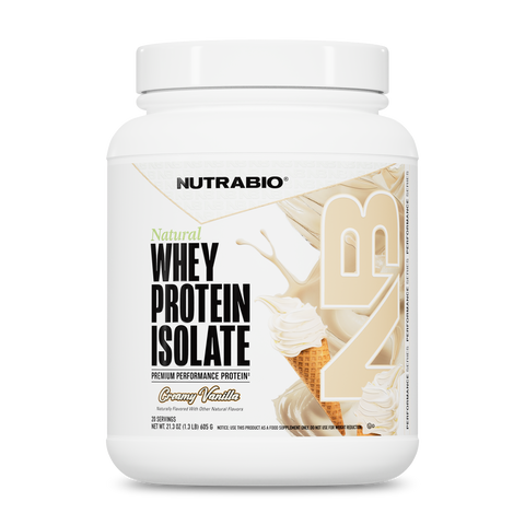 NUTRABIO whey protein isolate container on a white background