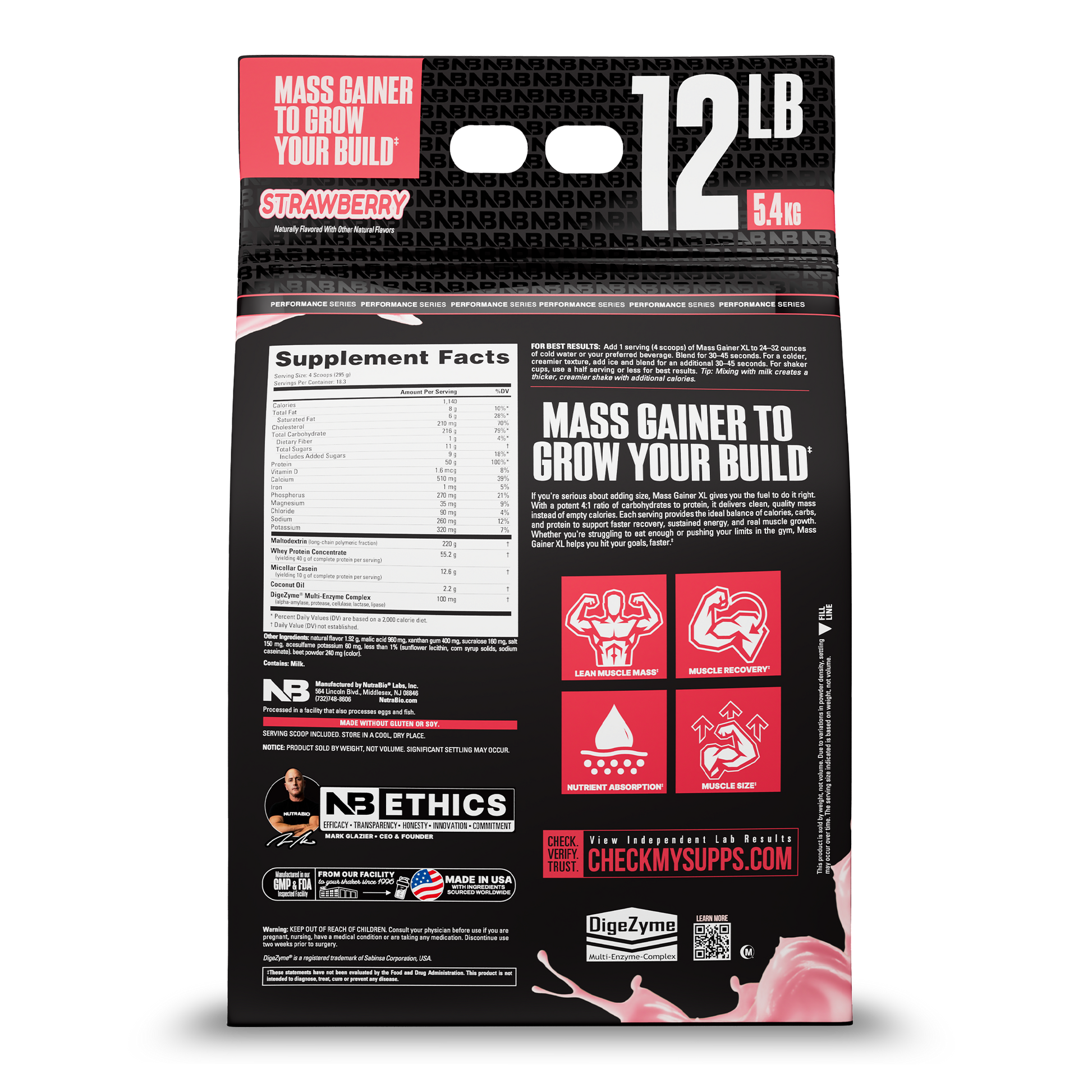 Mass gainer supplement package with strawberry flavor, 12 pounds, on a white background.