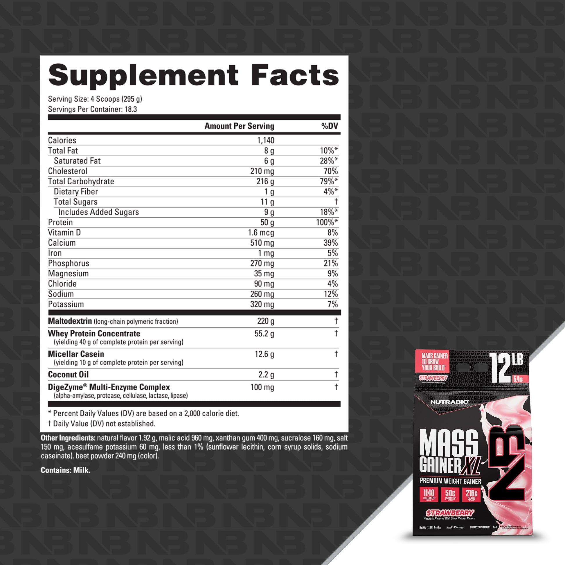 Supplement facts label and Mass Gainer M23 container on a black background with N3 Nutrition branding.