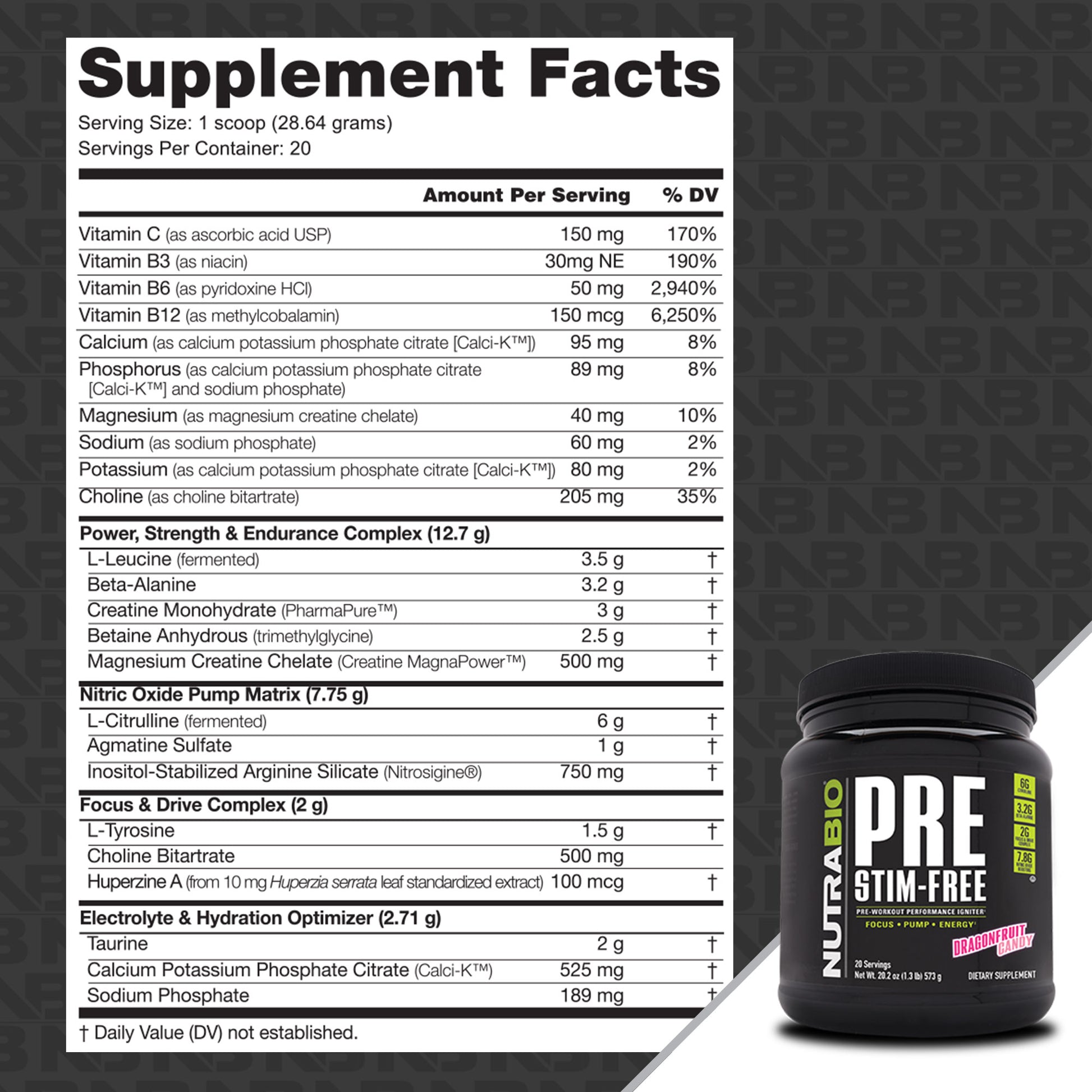 PRE Workout Stimulant Free
Supplement Facts Panel