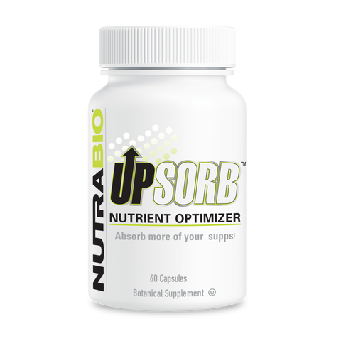 A white tub of NutraBio's Upsorb supplement.