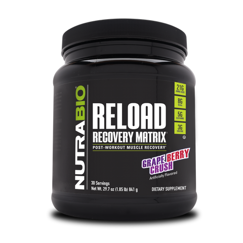 A black tub of NutraBio's Reload supplement on a white background.
