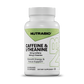 A white plastic bottle of Nutrabio Caffeine & L-Theanine dietary supplement, featuring a white cap and a white label with green accents and black text.