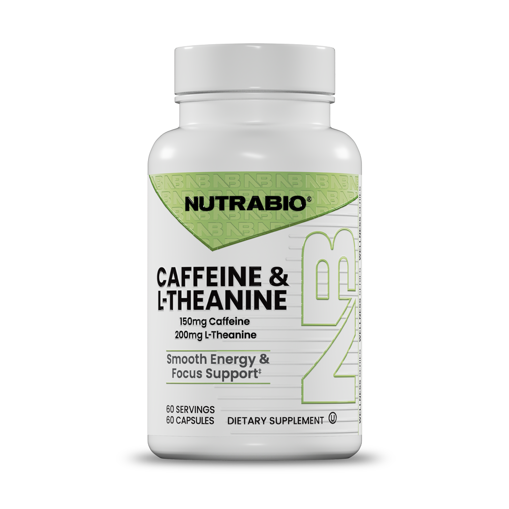 A white plastic bottle of Nutrabio Caffeine & L-Theanine dietary supplement, featuring a white cap and a white label with green accents and black text.