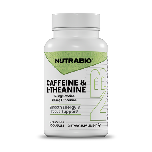 A white plastic bottle of Nutrabio Caffeine & L-Theanine dietary supplement, featuring a white cap and a white label with green accents and black text.